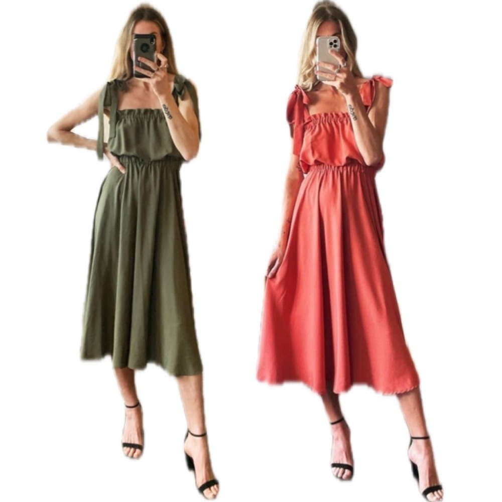 Handmade Custom Rust Clay Olive Green and Red Midi Tie Strap Rayon Ruffle Dress